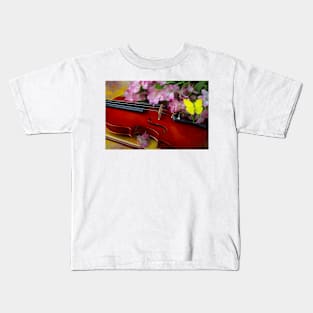 Violin With Alstromeria And Yellow Butterfly Kids T-Shirt